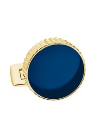 Goldfarbener Ring mit einem abgerundeten, marineblauen Emaillezentrum und einem strukturierten, gewellten Rand, der für ein auffälliges Erscheinungsbild sorgt.