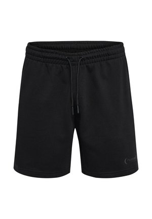 Sorte træningsshorts med elastisk taljebånd, snørrelukning og et logo på underbenet. Fremstillet af et blødt, glat stof.