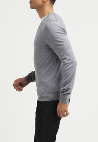 Gray knit sweater with a crew neckline, long sleeves, and ribbed cuffs and hem. Soft texture, fitted design, worn over dark trousers.