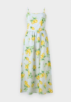 Light blue maxi dress with yellow lemon print, featuring spaghetti straps, a fitted bodice, and a flared skirt. Cotton fabric.