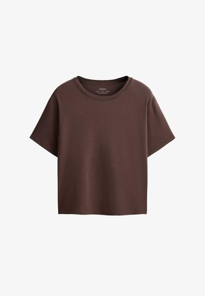 Tricou maro din bumbac cu mâneci scurte, decolteu rotund, tiv drept și detalii minime de cusături.
