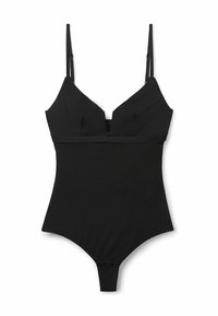 Zwarte bodysuit met verstelbare dunne bandjes, diepe V-hals, zachte stof en een drukknoopsluiting aan de onderkant. Glad oppervlak zonder patronen.