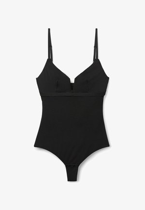 Sort bodysuit med justerbare tynde stropper, dyb V-hals, blødt materiale og trykknaplukning forneden. Glat tekstur uden mønstre.