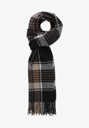 Szalik w kratę o kolorach czarnym, brązowym i szarym. Wykonany z miękkiego materiału z frędzlami na brzegach; prostokątny kształt. Klasyczny wzór w kratę.