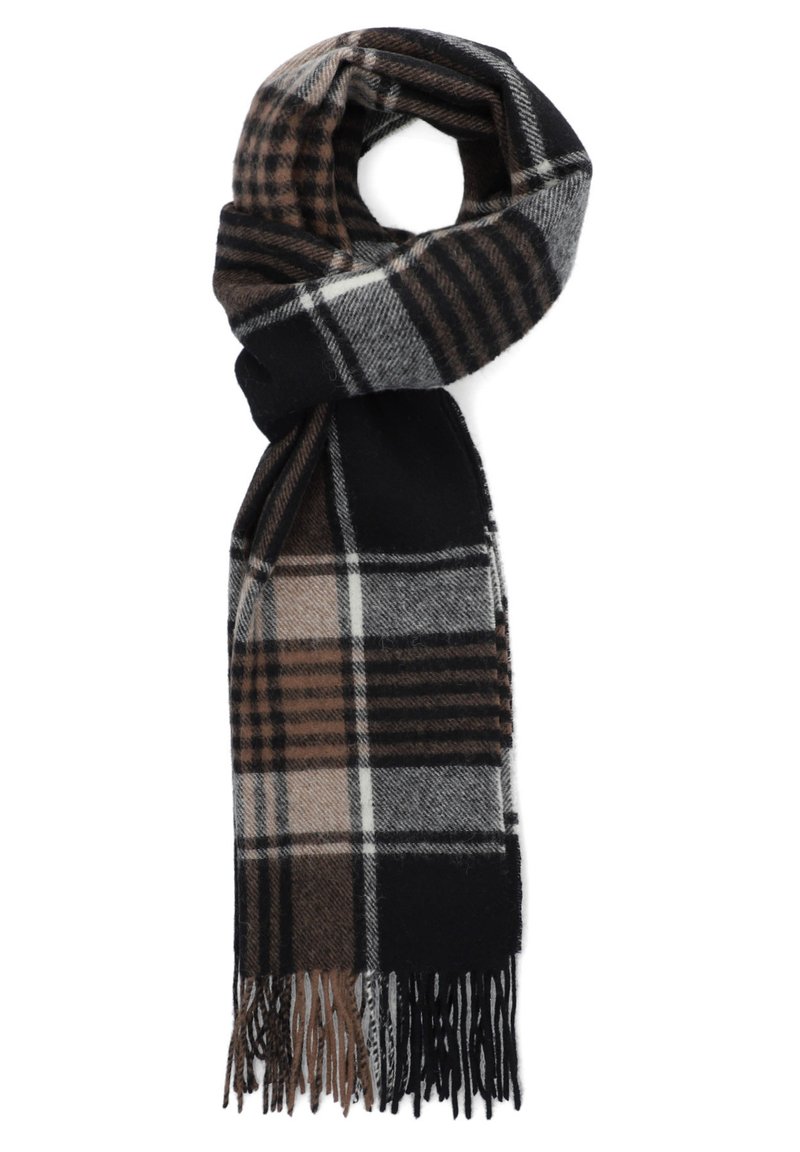 Szalik w kratę o kolorach czarnym, brązowym i szarym. Wykonany z miękkiego materiału z frędzlami na brzegach; prostokątny kształt. Klasyczny wzór w kratę.