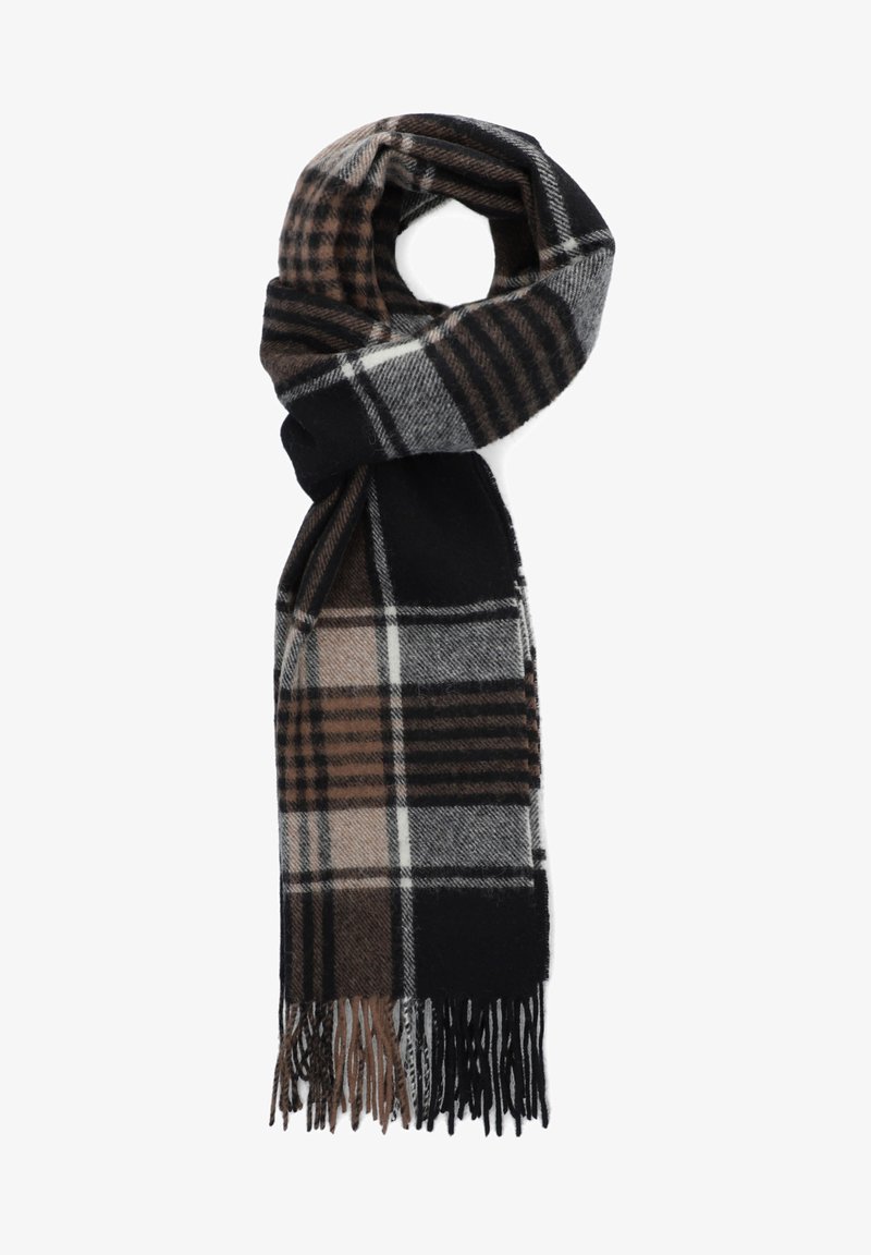Szalik w kratę o kolorach czarnym, brązowym i szarym. Wykonany z miękkiego materiału z frędzlami na brzegach; prostokątny kształt. Klasyczny wzór w kratę.