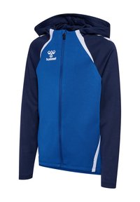 Chaqueta con capucha azul y azul marino con cremallera completa, detalles blancos y logo de hummel en el pecho, mangas largas y diseño deportivo.