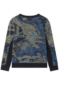 Maglione con un pattern marmorizzato in blu, verde e nero. Accenti neri all'orlo e ai polsini, con collo rotondo e texture morbida.