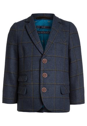 Granatowa marynarka z wełny z mieszanką, w kraciasty wzór, z trzema brązowymi guzikami, klapami oraz bocznymi kieszeniami. Podszewka w kolorze teal.