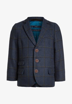 Granatowa marynarka z wełny z mieszanką, w kraciasty wzór, z trzema brązowymi guzikami, klapami oraz bocznymi kieszeniami. Podszewka w kolorze teal.