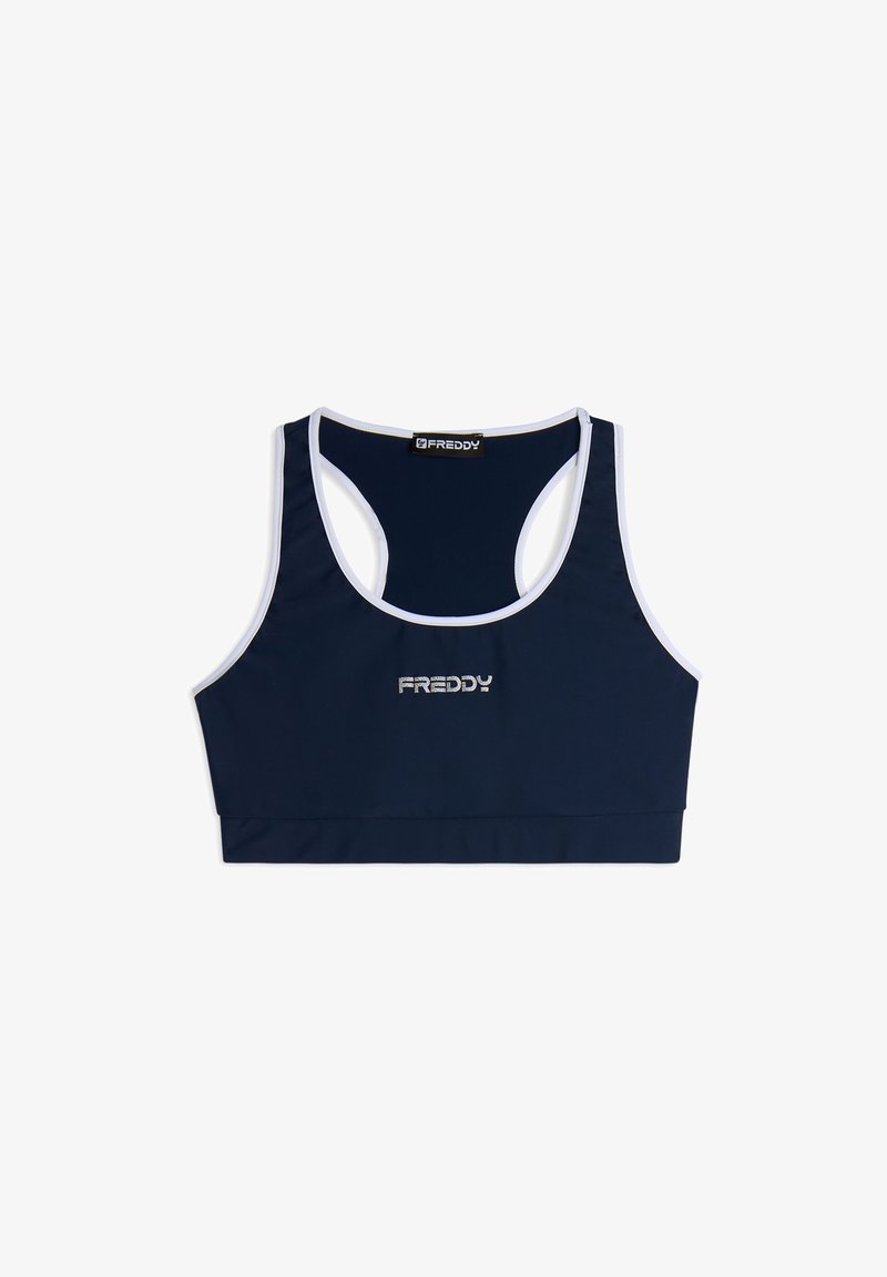 Top sportivo blu navy con scollo a U, design con schiena a corsetto, rifiniture bianche e logo "FREDDY" in argento sulla parte frontale. Realizzato in tessuto elasticizzato.