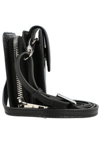 Black leather crossbody bag with a textured finish, zippered closure, and adjustable strap, featuring silver-tone hardware and a compact design.