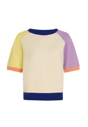 Top de punto de manga corta con cuerpo en color crema y detalles en amarillo, lavanda y naranja en las mangas y el dobladillo. Escote redondo y textura acanalada.