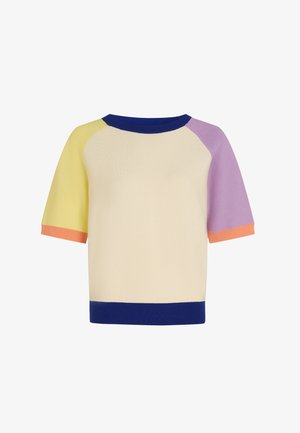 Top de punto de manga corta con cuerpo en color crema y detalles en amarillo, lavanda y naranja en las mangas y el dobladillo. Escote redondo y textura acanalada.