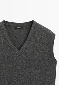 Gray sleeveless sweater with a V-neck design, made of textured knit fabric. Label reads "Massimo Dutti." Soft finish, casual appearance.