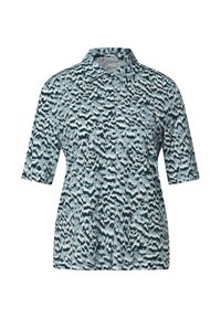 Camicia a maniche corte con bottoni caratterizzata da un motivo astratto blu e bianco. Realizzata in tessuto leggero, con colletto classico e dettaglio della tasca.