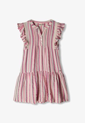 Robe sans manches pour filles, à rayures roses, blanches et grises, avec des épaules volantes et trois boutons sur le plastron avant.