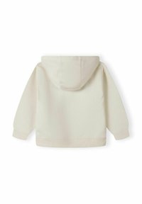 Cream hoodie with a soft texture, front kangaroo pocket, and ribbed cuffs and hem. Features a drawstring hood for adjustable fit.