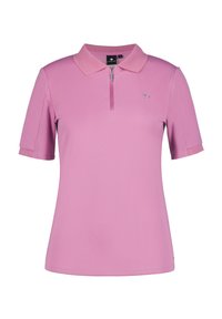 Polohemd in Hellrosa mit einem Reißverschlusskragen, kurzen Ärmeln, strukturiertem Stoff und einem kleinen Logo auf der linken Brust.