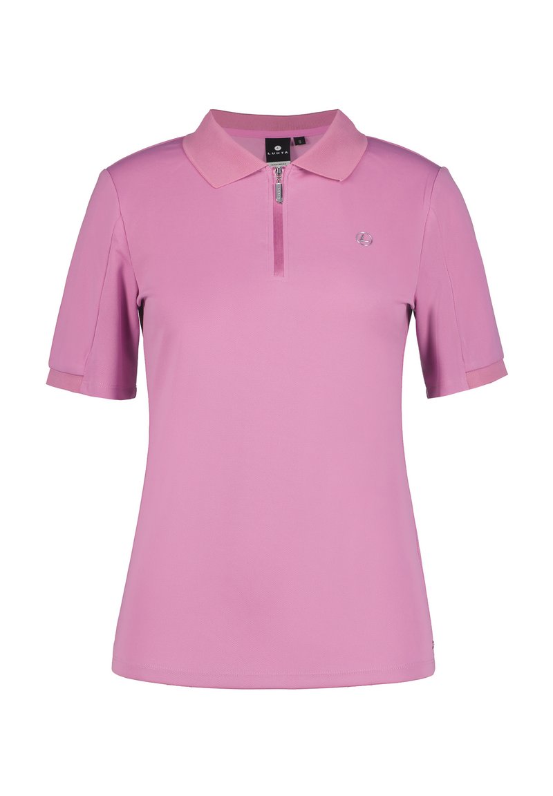 Polohemd in Hellrosa mit einem Reißverschlusskragen, kurzen Ärmeln, strukturiertem Stoff und einem kleinen Logo auf der linken Brust.