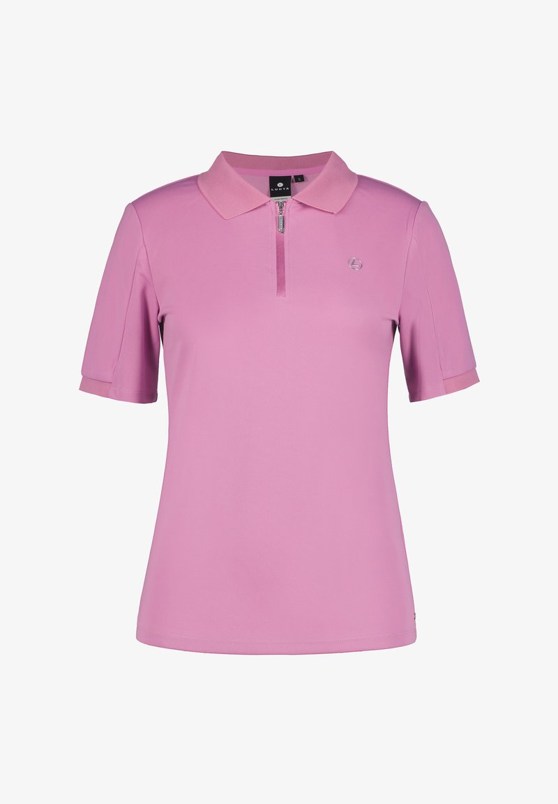 Polo in rosa chiaro con colletto con zip, maniche corte, tessuto a trama e un piccolo logo sul lato sinistro del petto.