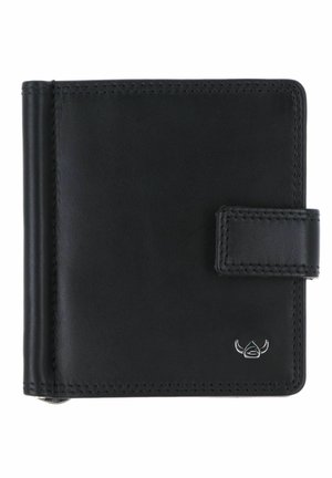 Portefeuille en cuir noir avec bords cousus, fermeture par pression sur le côté droit et petit logo métallique de taureau dans le coin inférieur droit.