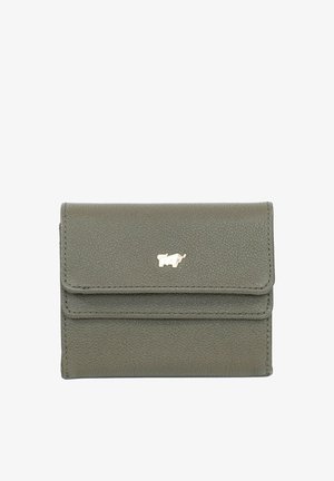 Portafoglio in pelle verde con finitura testurizzata, patta pieghevole e un accento con logo in metallo dorato sulla parte anteriore. Include molteplici scomparti per carte.