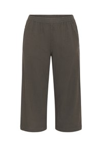 Dark gray, knee-length shorts with an elastic waistband, side pockets, and a smooth texture. No visible patterns or hardware details.