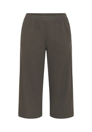 Dark gray, knee-length shorts with an elastic waistband, side pockets, and a smooth texture. No visible patterns or hardware details.