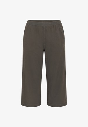 Dark gray, knee-length shorts with an elastic waistband, side pockets, and a smooth texture. No visible patterns or hardware details.