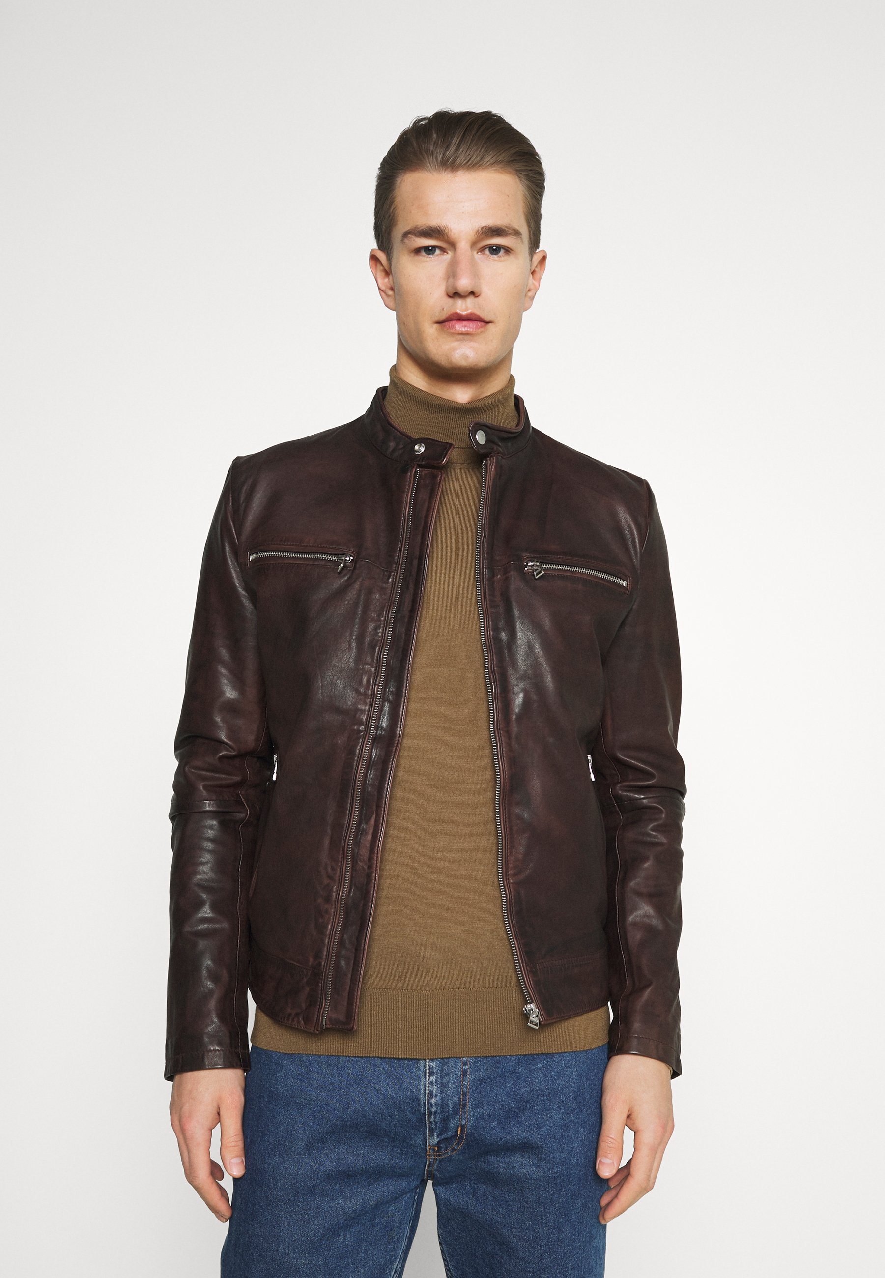brick red leather jacket