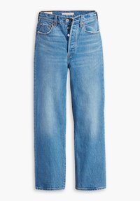 Pantalones vaqueros de denim azul claro con diseño de pierna recta, cinco bolsillos y cierre de botón. Presentan un ligero desvanecimiento y costuras en contraste.