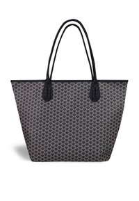Navy tote bag with a geometric golden wave pattern. Features long black handles and a structured shape. Made from durable material.