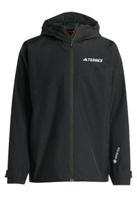 Sort vandtæt jakke med hætte, frontlynlås og justerbare manchetter. Har logodetaljer og et GORE-TEX mærke på ærmet.