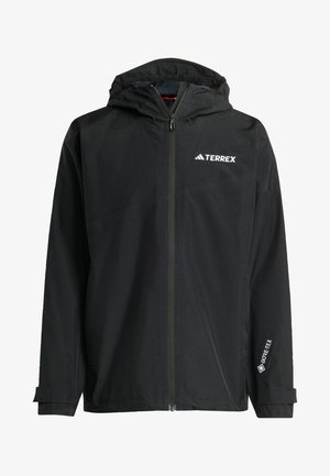 Black waterproof jacket with a hood, front zipper, and adjustable cuffs. Features logo accents and a GORE-TEX label on the sleeve.
