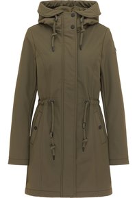 Olijfgroen waterdichte jas met een capuchon, verstelbare trekkoorden, drukknoopsluiting, twee zijzakken en verticale naaddetails.