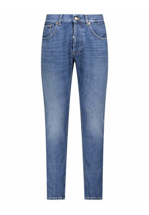 Blauwe slim-fit jeans met knoopsluiting aan de voorkant, vijf zakken en subtiele vervaging op de dijen en knieën.