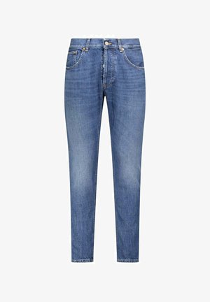 Blauwe slim-fit jeans met knoopsluiting aan de voorkant, vijf zakken en subtiele vervaging op de dijen en knieën.