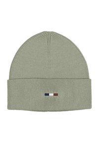 Light gray ribbed knit beanie with folded cuff and small rectangular logo in blue, white, and red centered on the front cuff.
