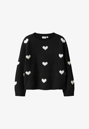 Pull noir avec une finition texturée, orné de motifs en forme de cœur blancs dispersés, col rond et coupe décontractée.