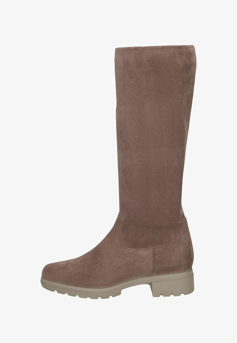 Botte haute en daim marron avec bout arrondi, semelle et talon épais et bas en caoutchouc.