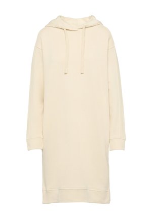 Hellbeige oversized Hoodie-Kleid mit einer Kordelzugkapuze, langen Ärmeln und gerippten Bündchen. Weicher Stoff mit glatter Textur.