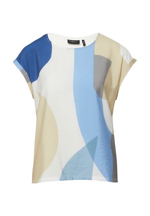 Blouse à manches courtes pour femme avec des blocs de couleur abstraits en bleu, beige, blanc et gris, et un col rond.