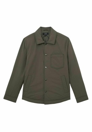 Oliivroheline jakk, mis on valmistatud siledast kangast, esiküljel nupuga kinnitusega, terava kraega ja rinnataskuga, millel on klapp. Omab küljetaskuid.