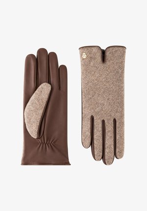 Brown leather gloves with a felt accent on the thumb. The design features a smooth texture, wrist gather, and a gold logo detail.