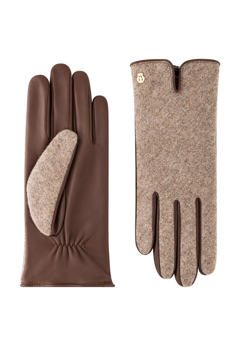 Brown leather gloves with a felt accent on the thumb. The design features a smooth texture, wrist gather, and a gold logo detail.