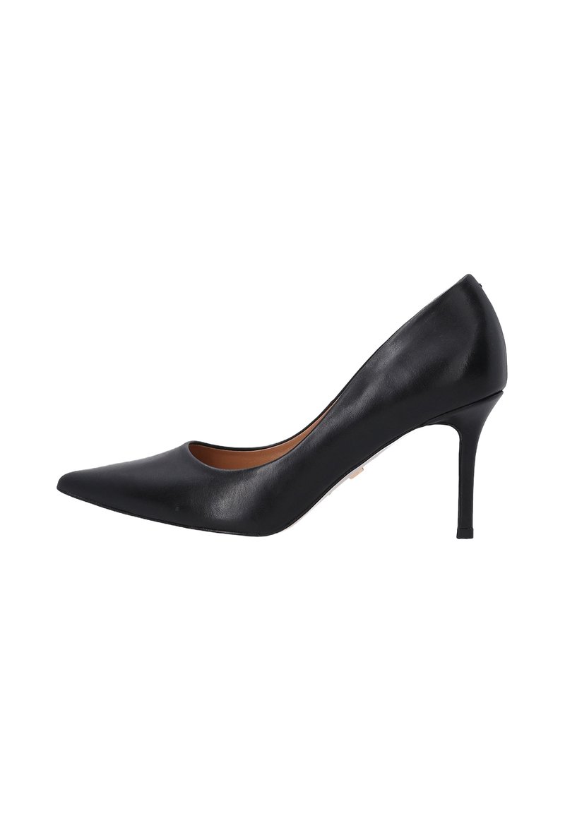Sorte læder højhælede pumps med spids tå, glat tekstur og en 10 cm stiletto hæl. Ingen synlige mønstre eller bemærkelsesværdigt hardware.