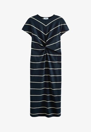 Marineblaues Kleid mit cremefarbenen horizontalen Streifen, kurzen Ärmeln und einem geknoteten Vorderteil. Hergestellt aus weichem, dehnbarem Stoff.