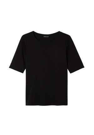 Schwarzes Kurzarm-T-Shirt mit Rundhalsausschnitt, aus glattem Stoff gefertigt, in lockerer Passform mit genähten Säumen. Einfaches Design ohne Muster.