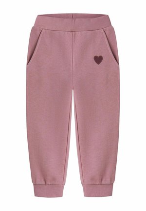Pantalon de jogging rose pour tout-petit avec une taille et des poignets élastiques, des poches latérales, et un petit cœur rose foncé sur la cuisse gauche.